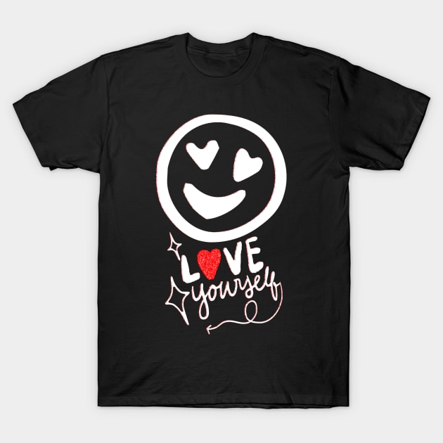 Emoji Love yourself very much!. Happy emoji face with red and white hearts. T-Shirt by Rebeldía Pura